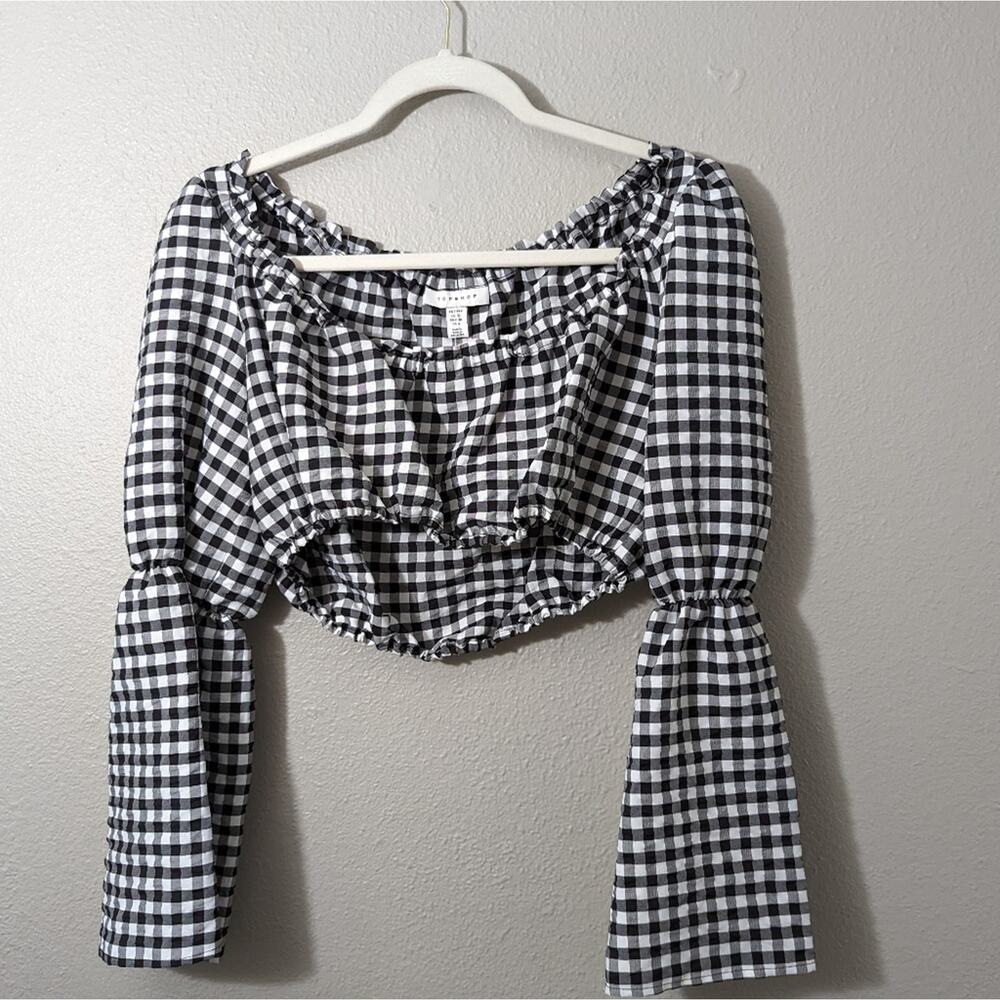 TopShop Gingham Crop Top Bell Sleeve
